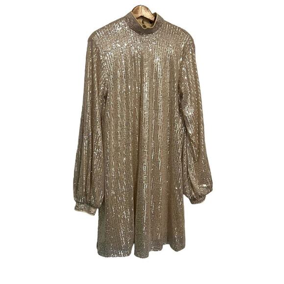 Missguided champagne sequin ballon sleeve mini-dress 6 Tall - Picture 1 of 7